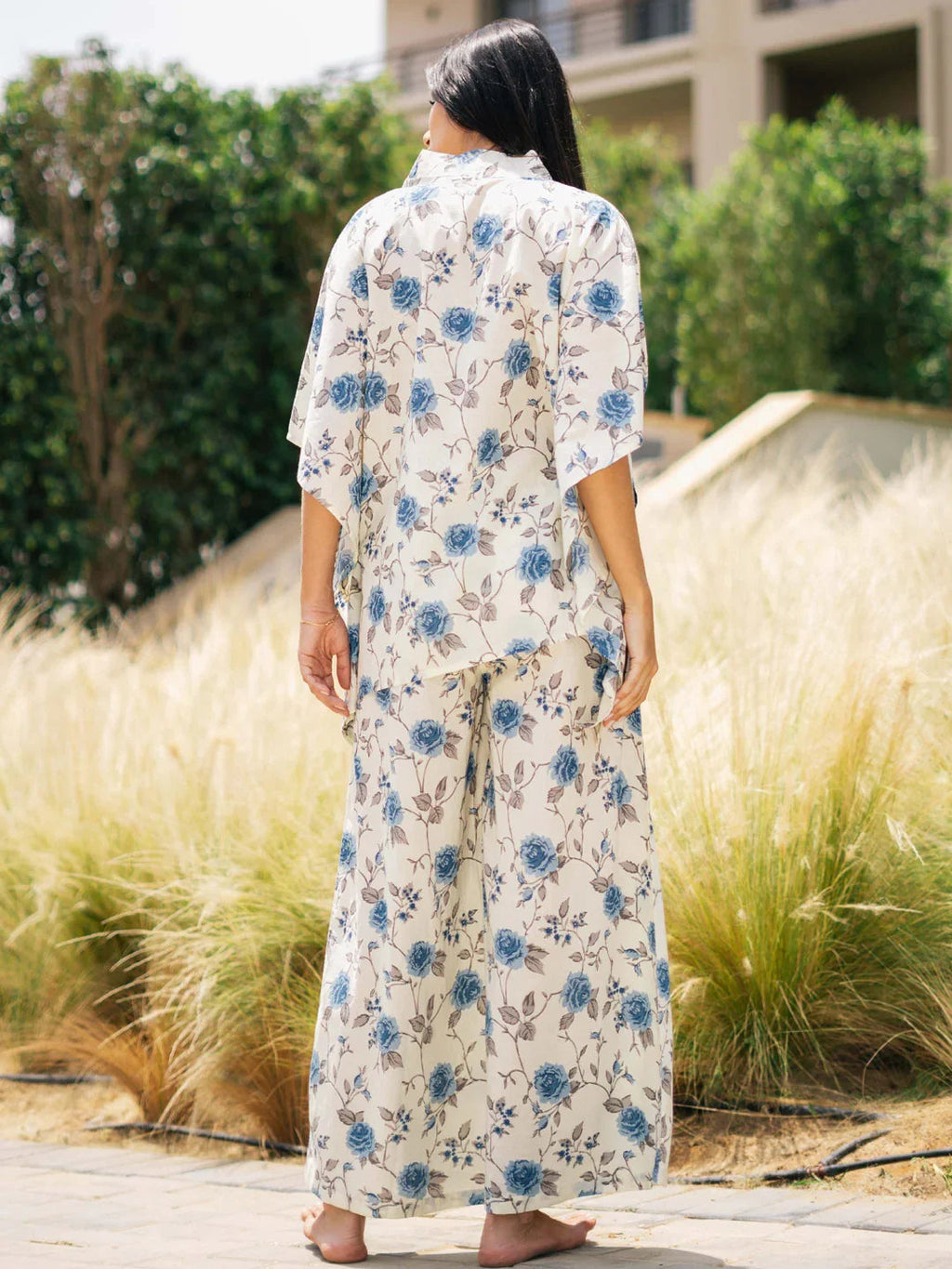 White Floral Printed V-Neck Night Suit Set - SanskrutiHomes 