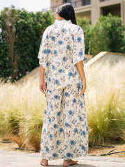 White Floral Printed V-Neck Night Suit Set - SanskrutiHomes 