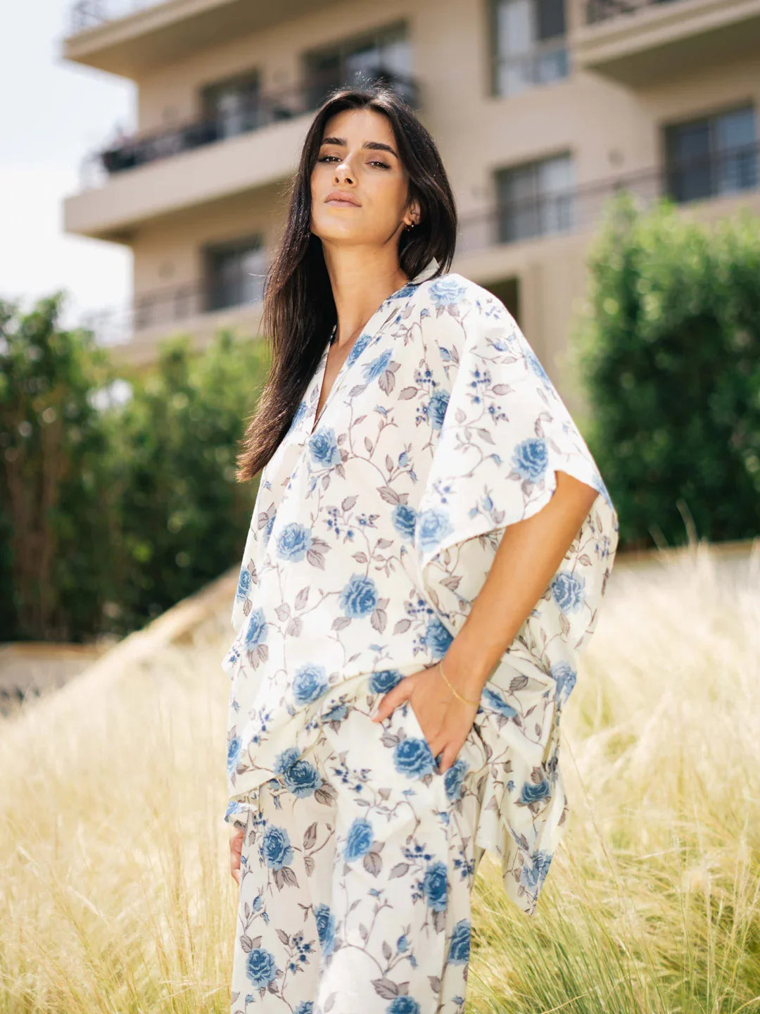 White Floral Printed V-Neck Night Suit Set - SanskrutiHomes 