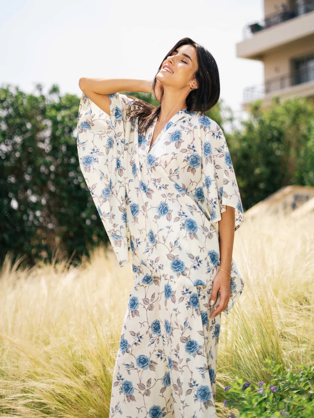 White Floral Printed V-Neck Night Suit Set - SanskrutiHomes 