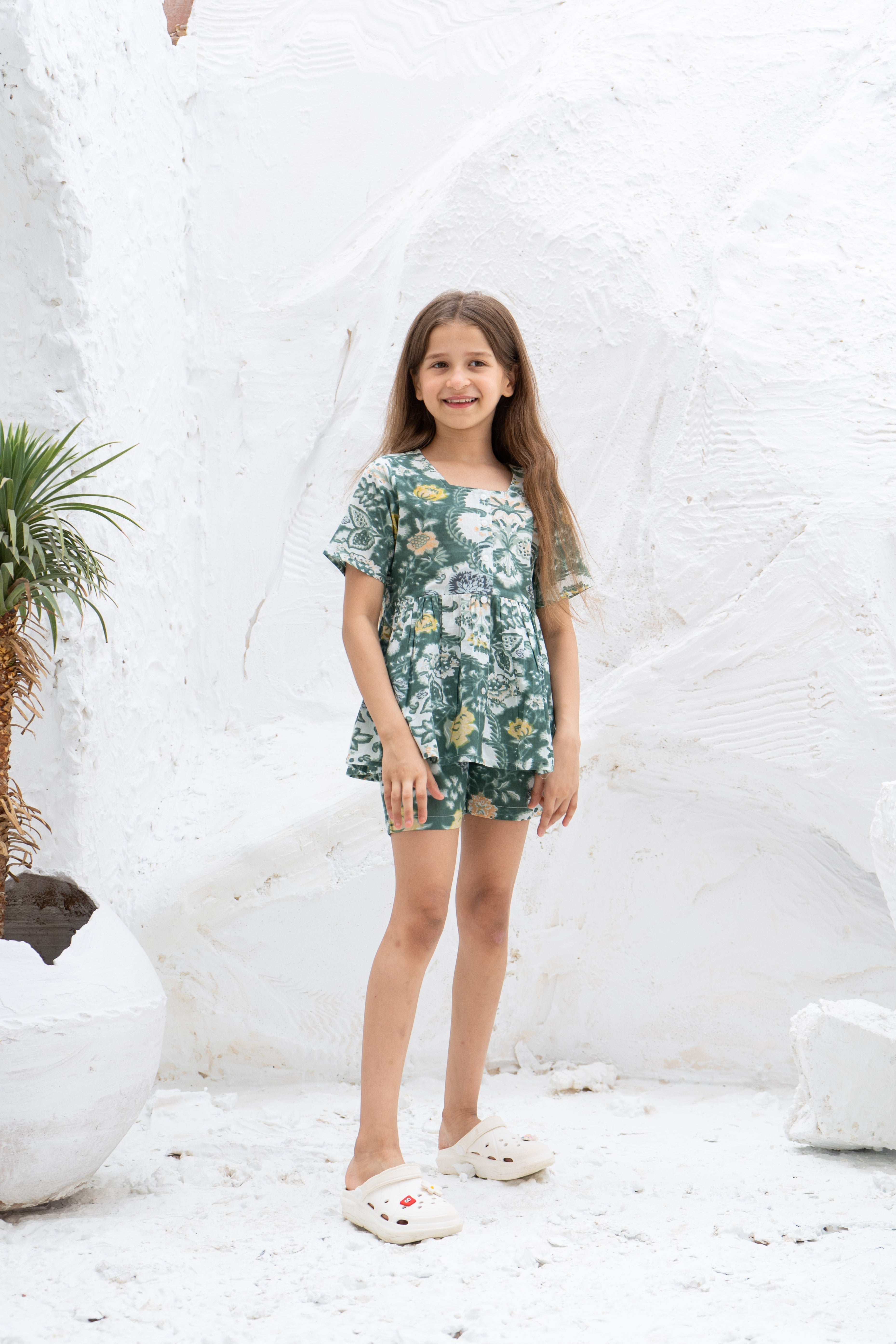 Green Flower Printed Cotton Night Suit for Kids - SanskrutiHomes 