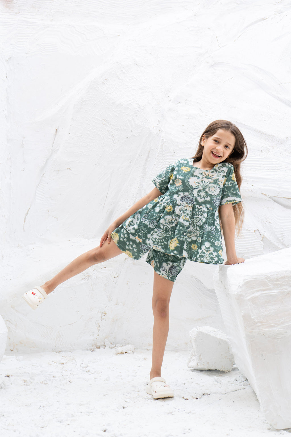 Green Flower Printed Cotton Night Suit for Kids - SanskrutiHomes 