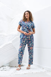 Blue Floral Printed Cotton Night Suit Set - SanskrutiHomes 