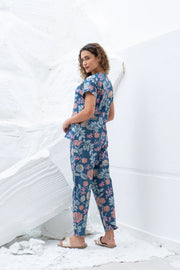Blue Floral Printed Cotton Night Suit Set - SanskrutiHomes 