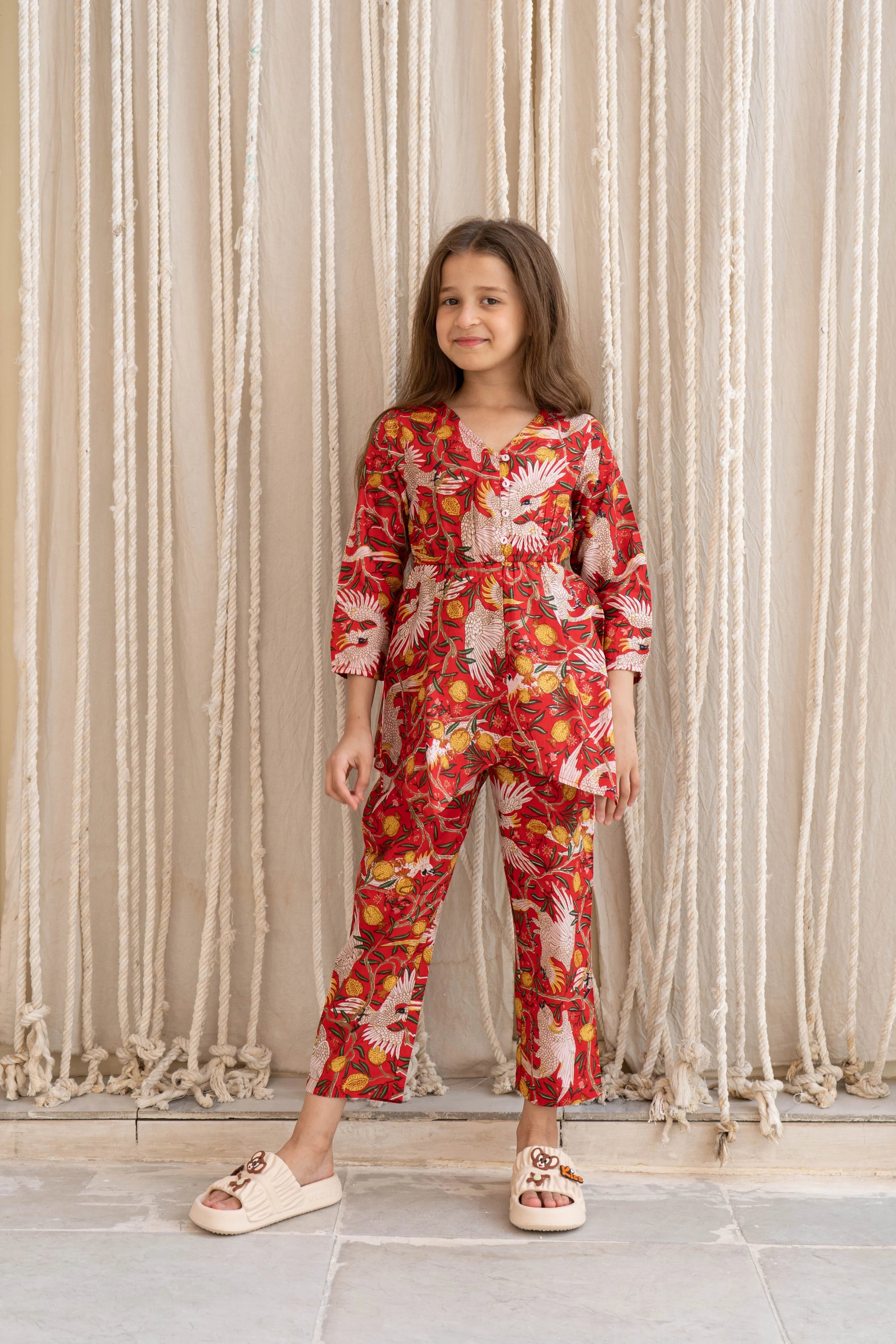 Red Flower Printed Cotton Night Suit for Kids - SanskrutiHomes 
