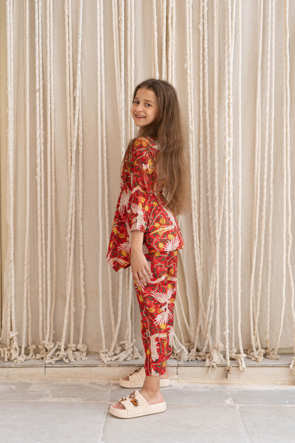 Red Flower Printed Cotton Night Suit for Kids - SanskrutiHomes 