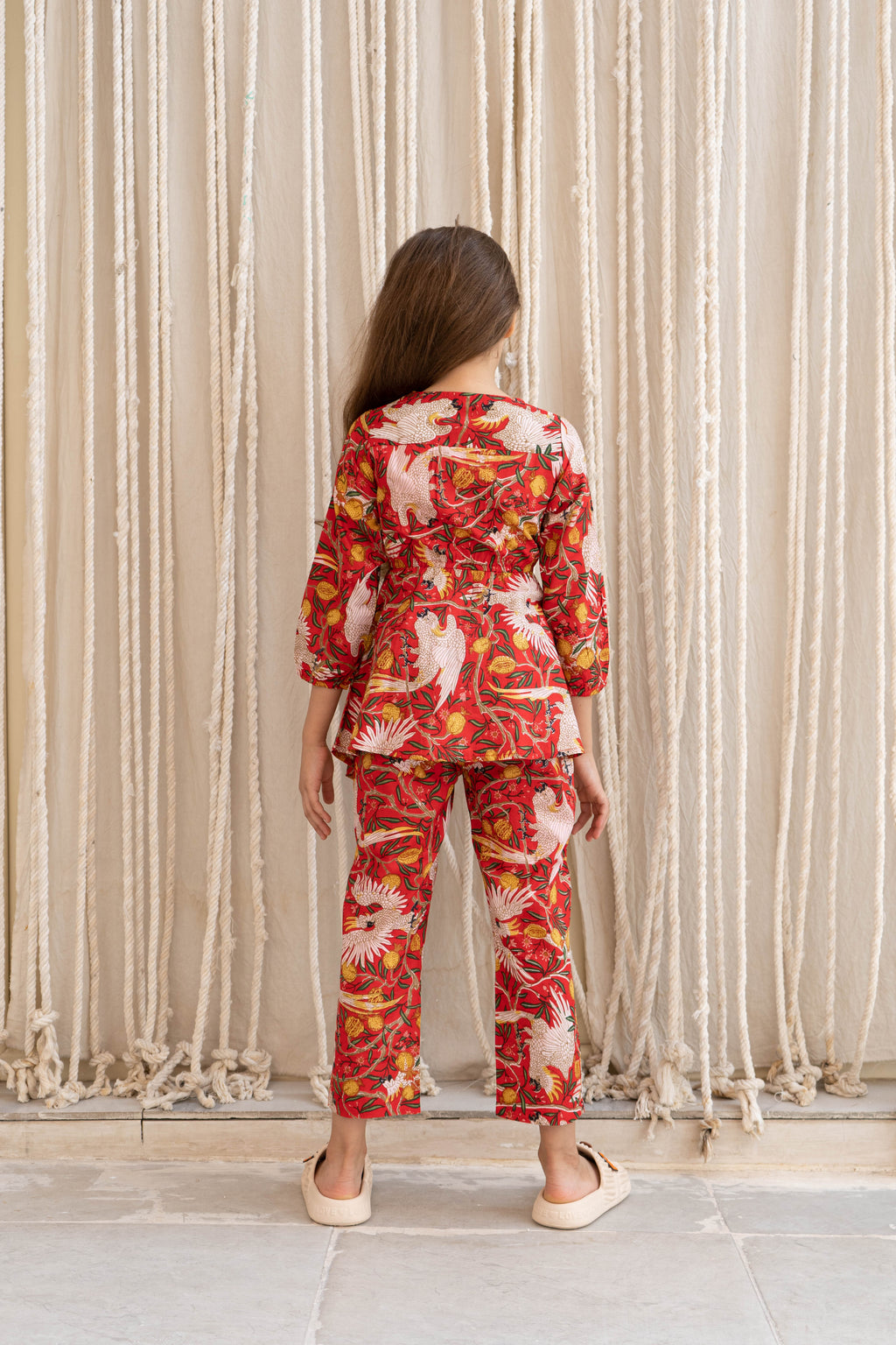 Red Flower Printed Cotton Night Suit for Kids - SanskrutiHomes 