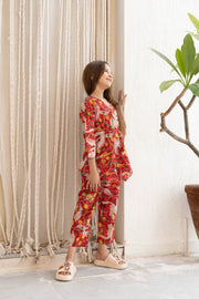 Red Flower Printed Cotton Night Suit for Kids - SanskrutiHomes 