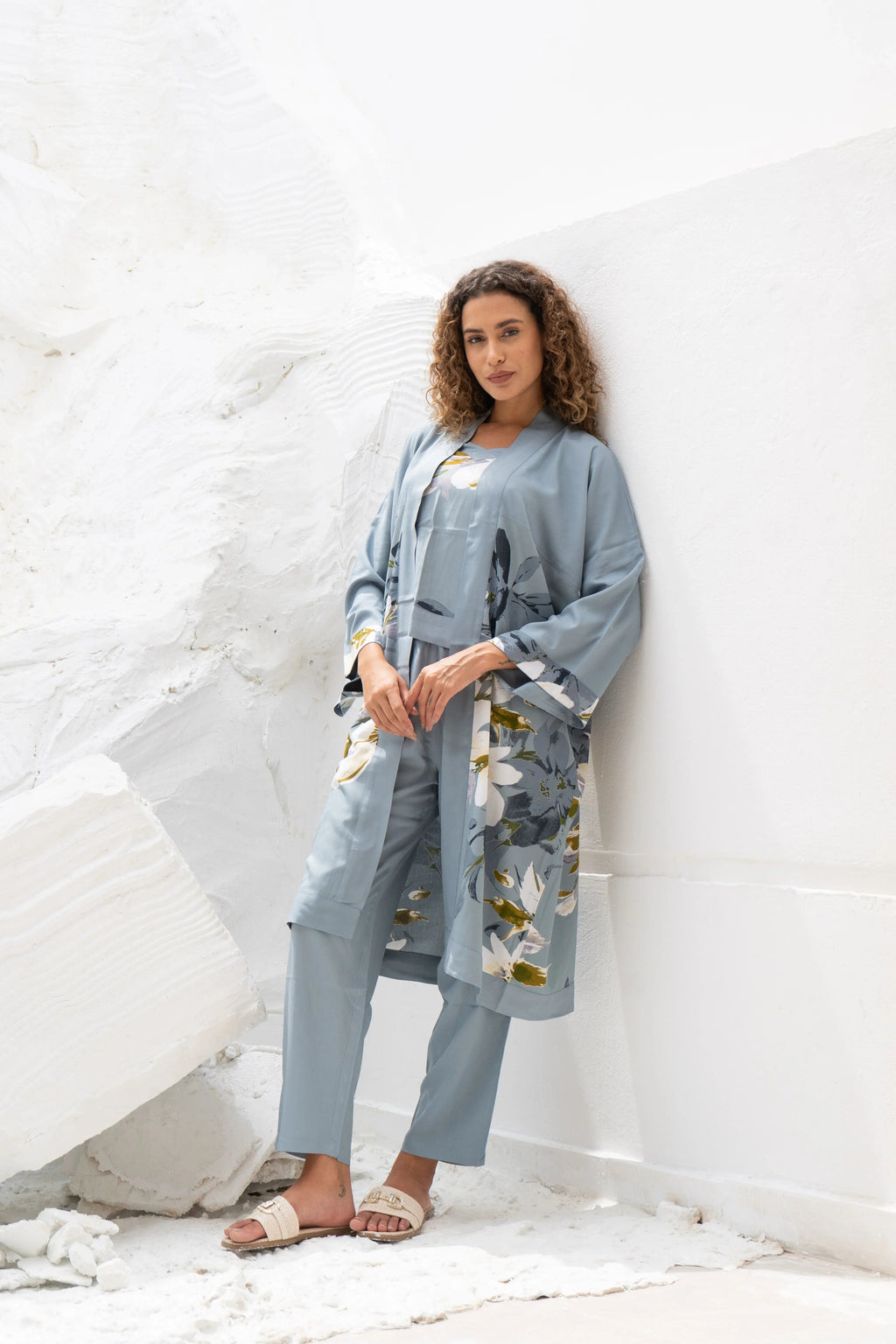 Set of 3 Grey Cotton Night Suit Set - SanskrutiHomes 