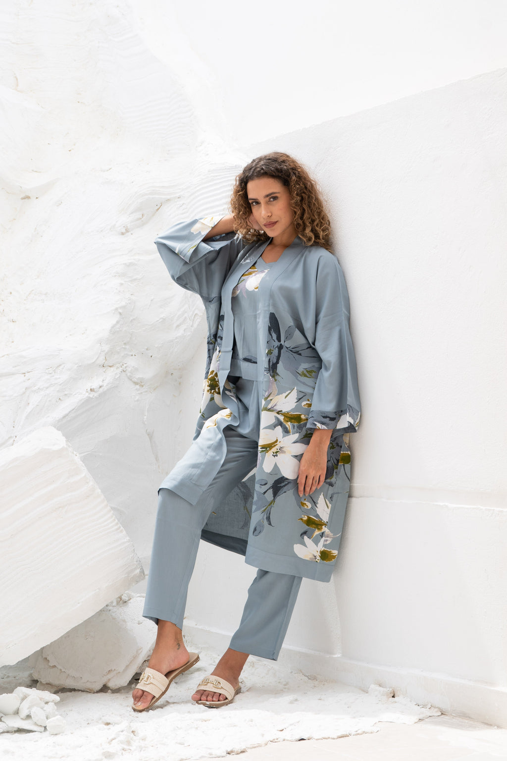 Set of 3 Grey Cotton Night Suit Set - SanskrutiHomes 