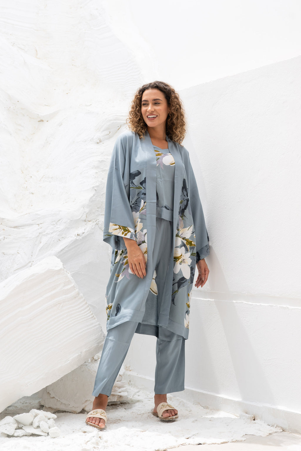 Set of 3 Grey Cotton Night Suit Set - SanskrutiHomes 