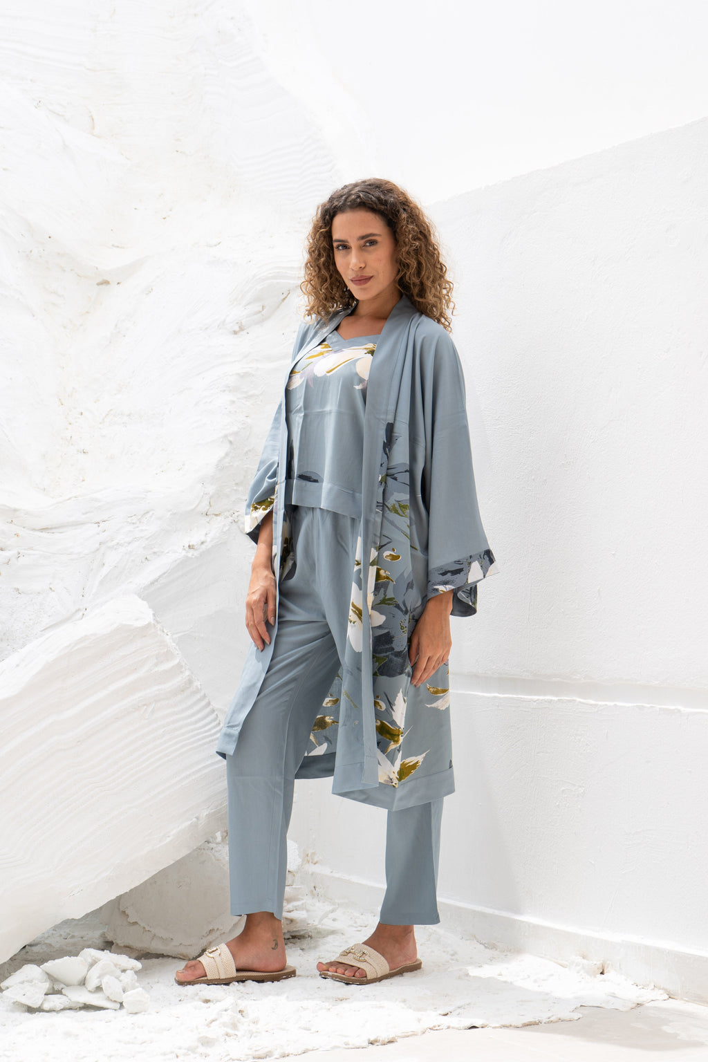 Set of 3 Grey Cotton Night Suit Set - SanskrutiHomes 