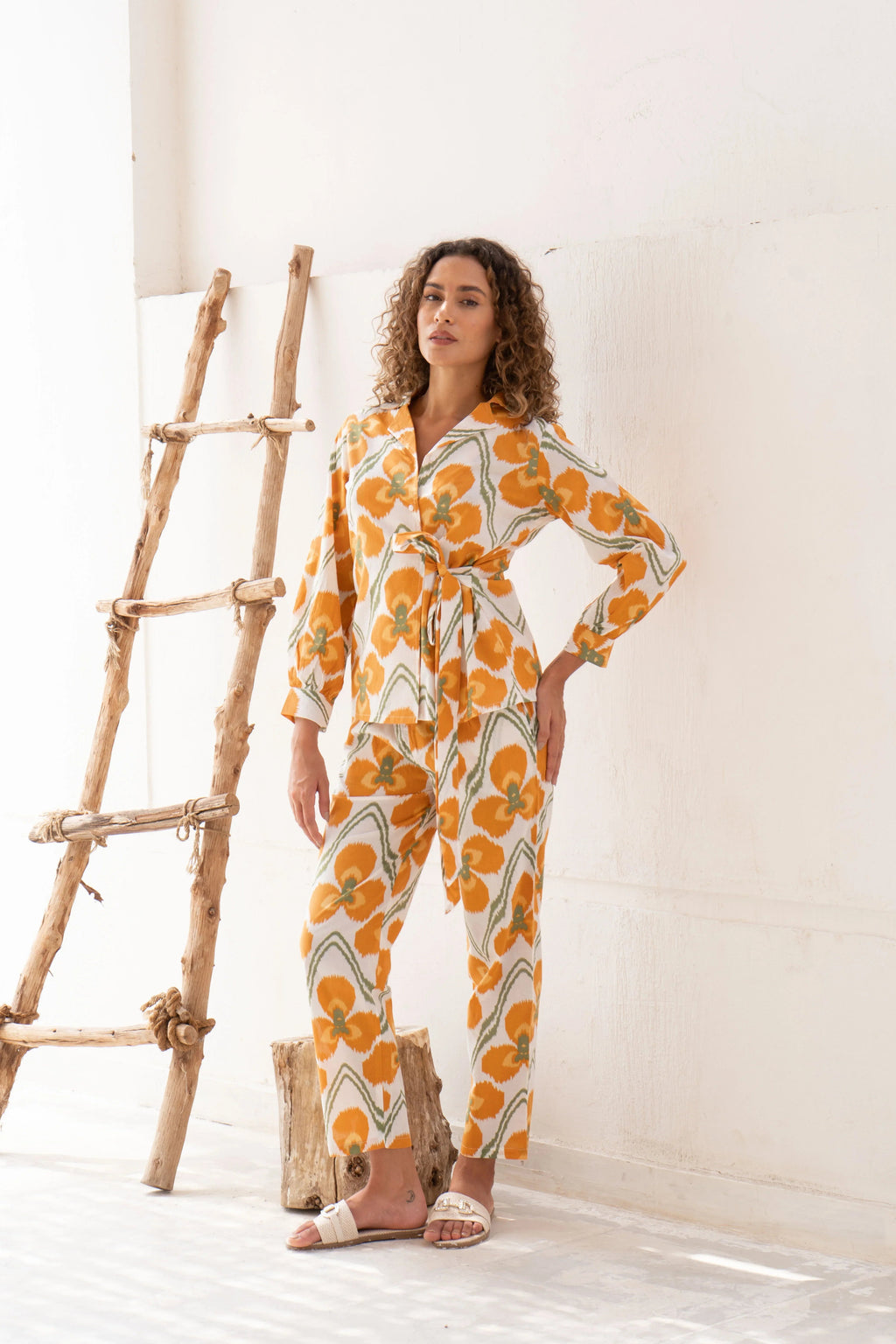 Yellow Flower Printed Cotton Co-ords Set - SanskrutiHomes 