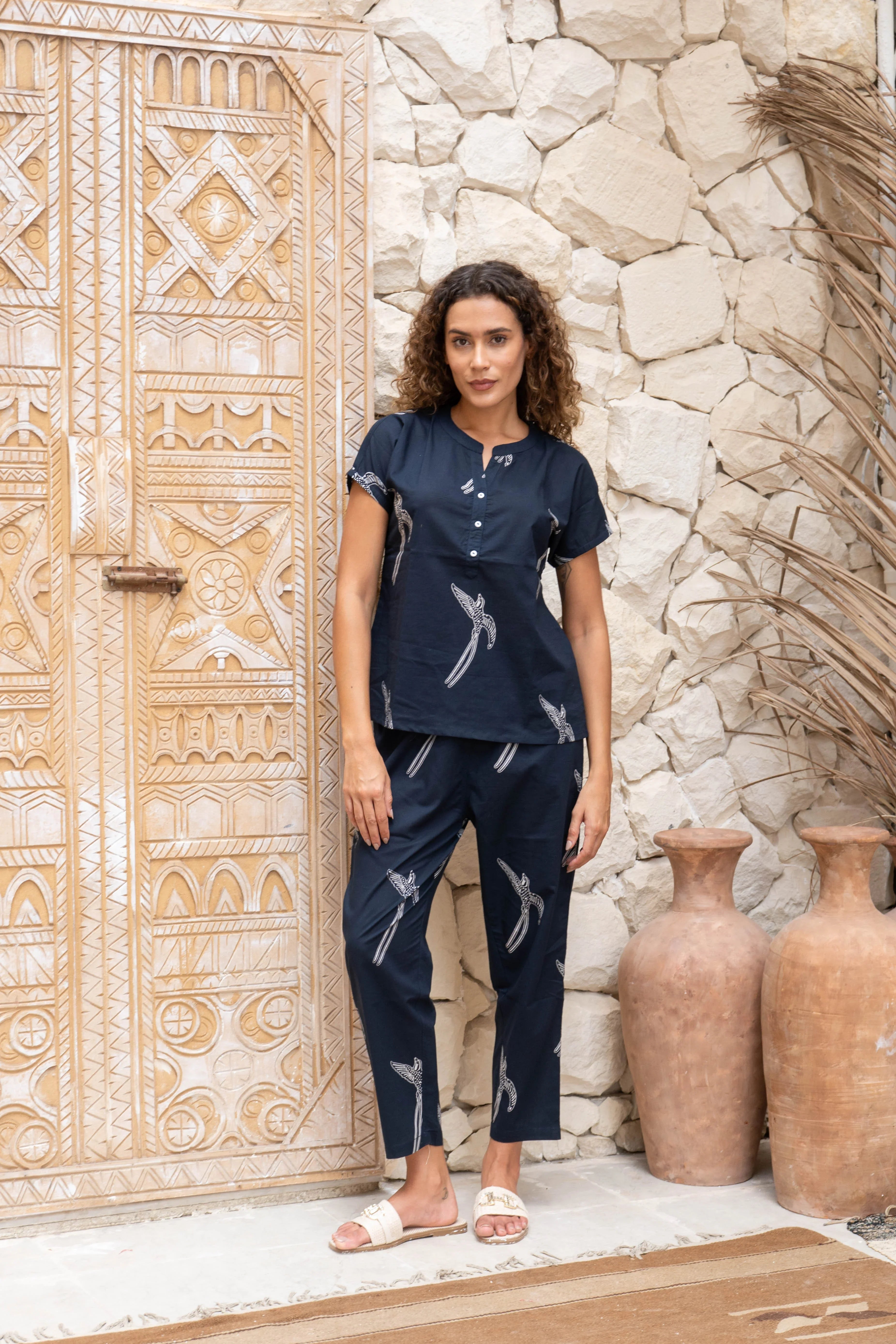 Navy Blue Printed Cotton Night Suit Set - SanskrutiHomes 