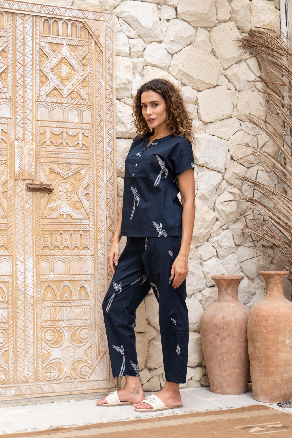Navy Blue Printed Cotton Night Suit Set - SanskrutiHomes 
