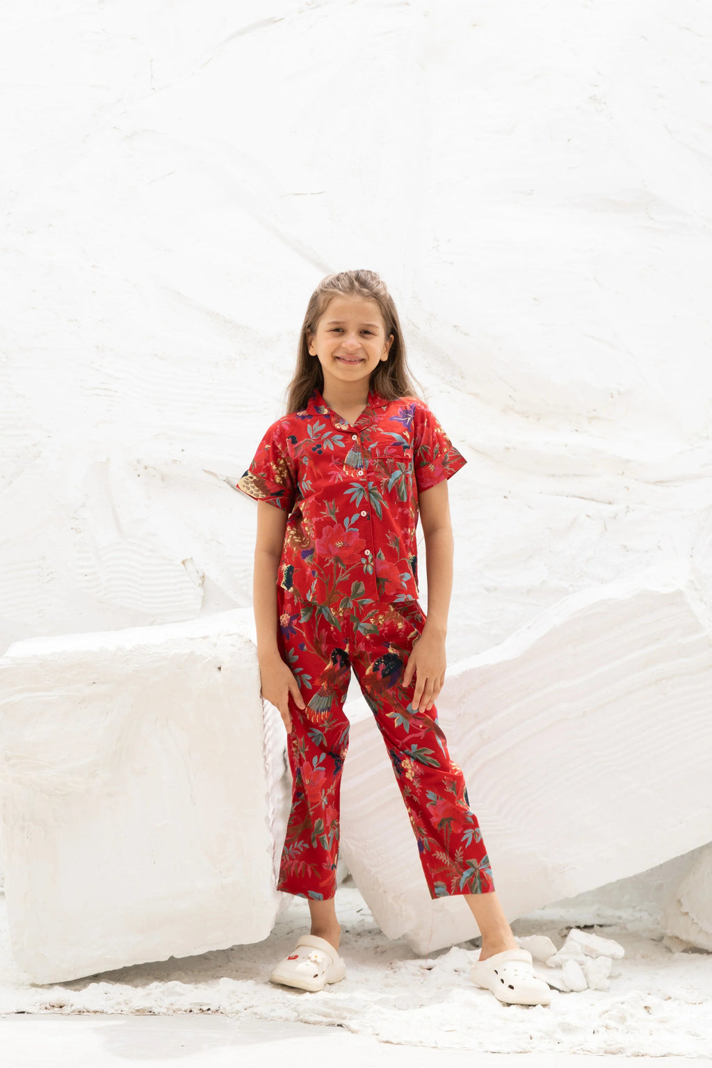 Red Floral Printed Cotton Night Suit for Kids - SanskrutiHomes 