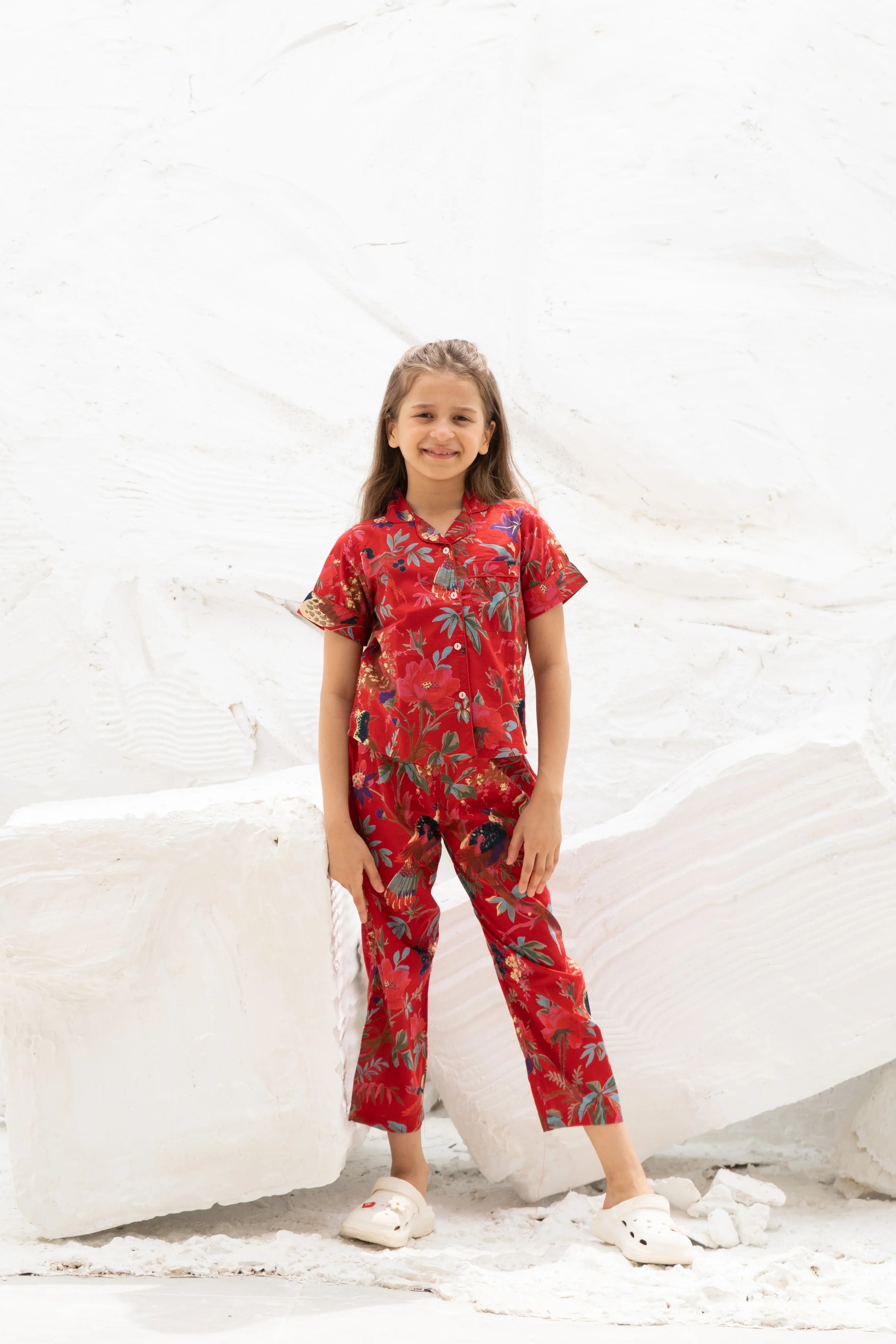 Red Floral Printed Cotton Night Suit for Kids - SanskrutiHomes 