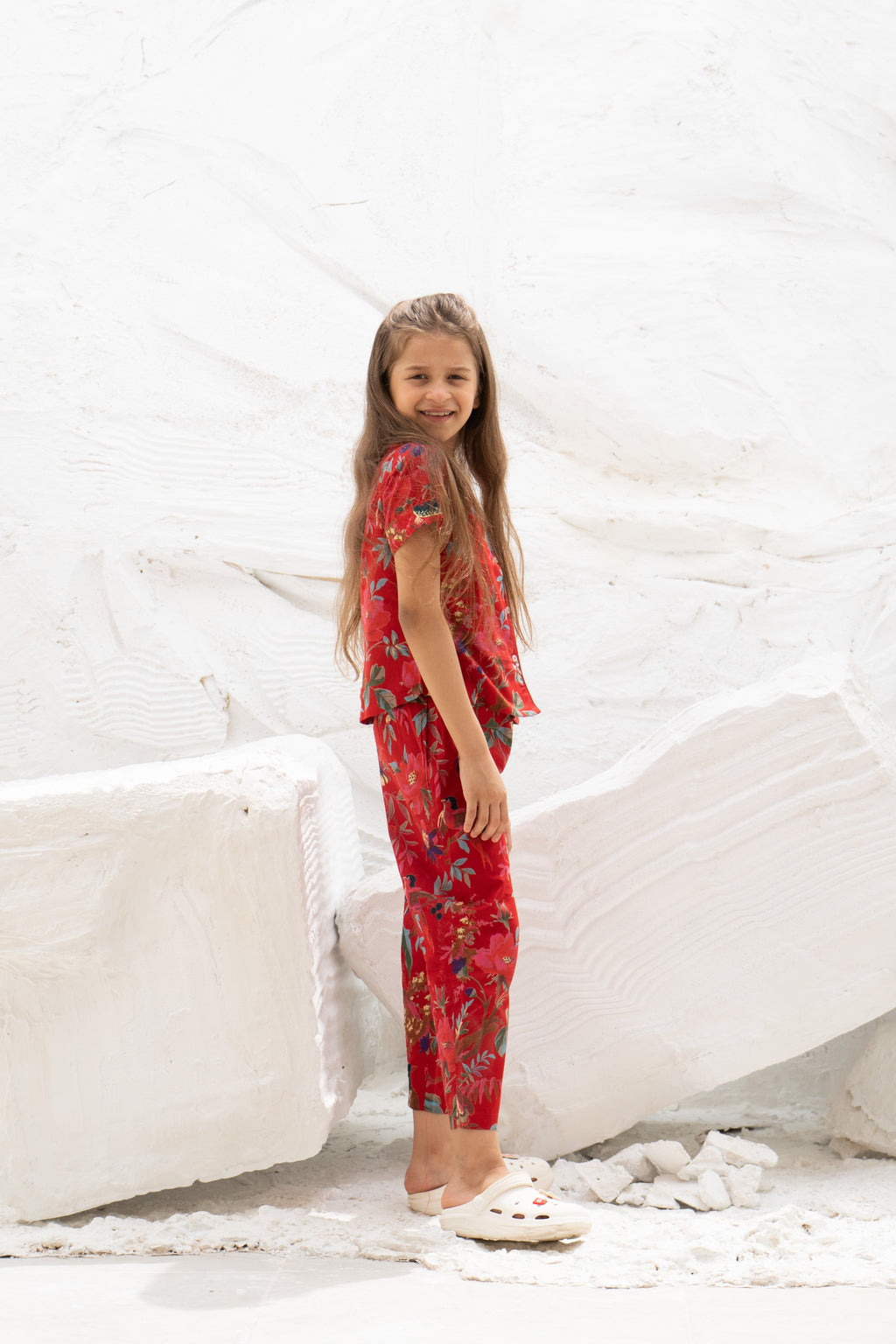 Red Floral Printed Cotton Night Suit for Kids - SanskrutiHomes 