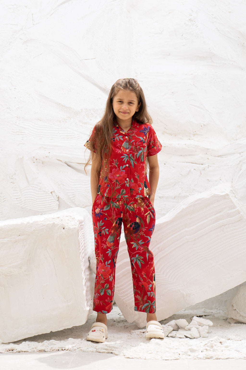 Red Floral Printed Cotton Night Suit for Kids - SanskrutiHomes 