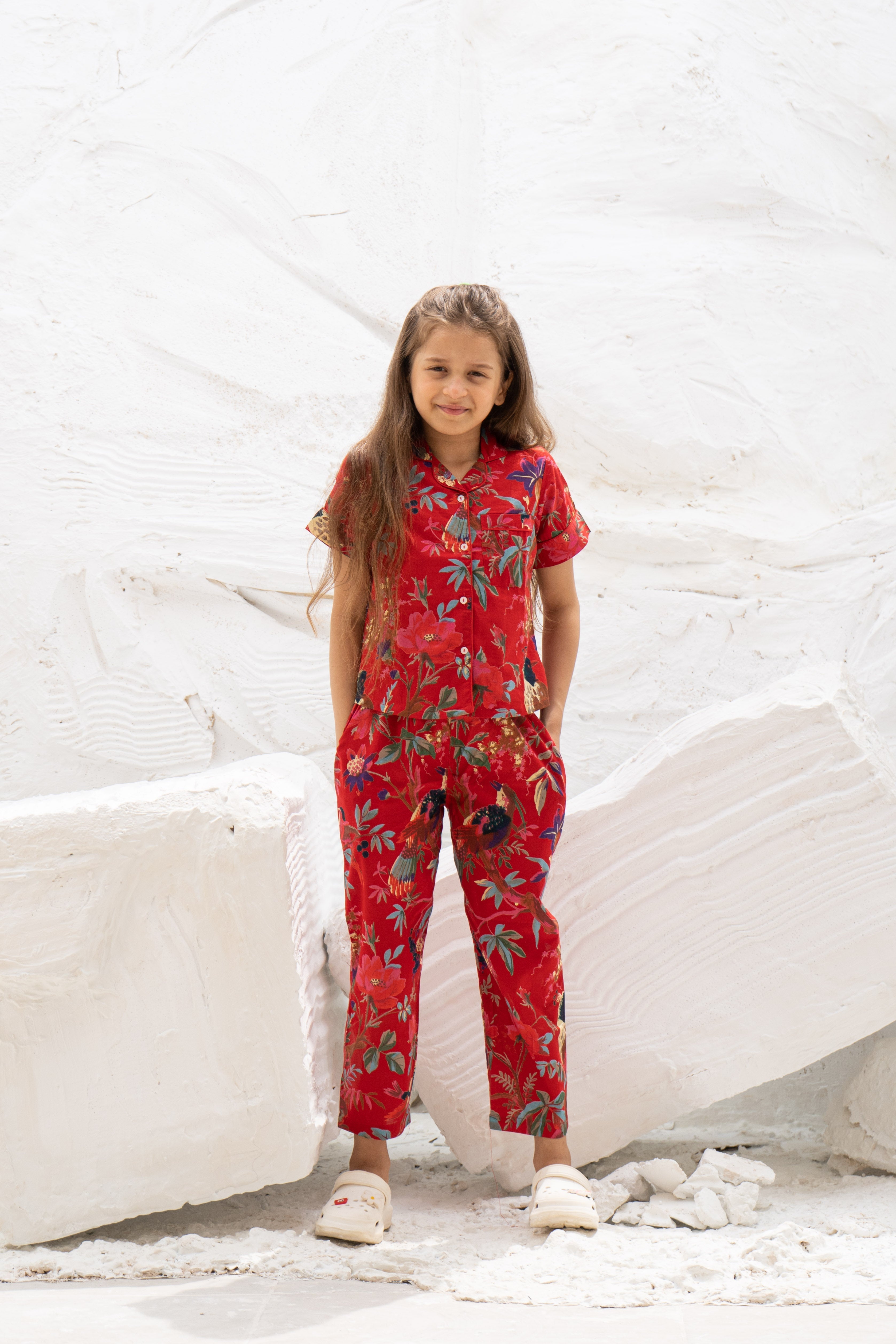 Red Floral Printed Cotton Night Suit for Kids - SanskrutiHomes 