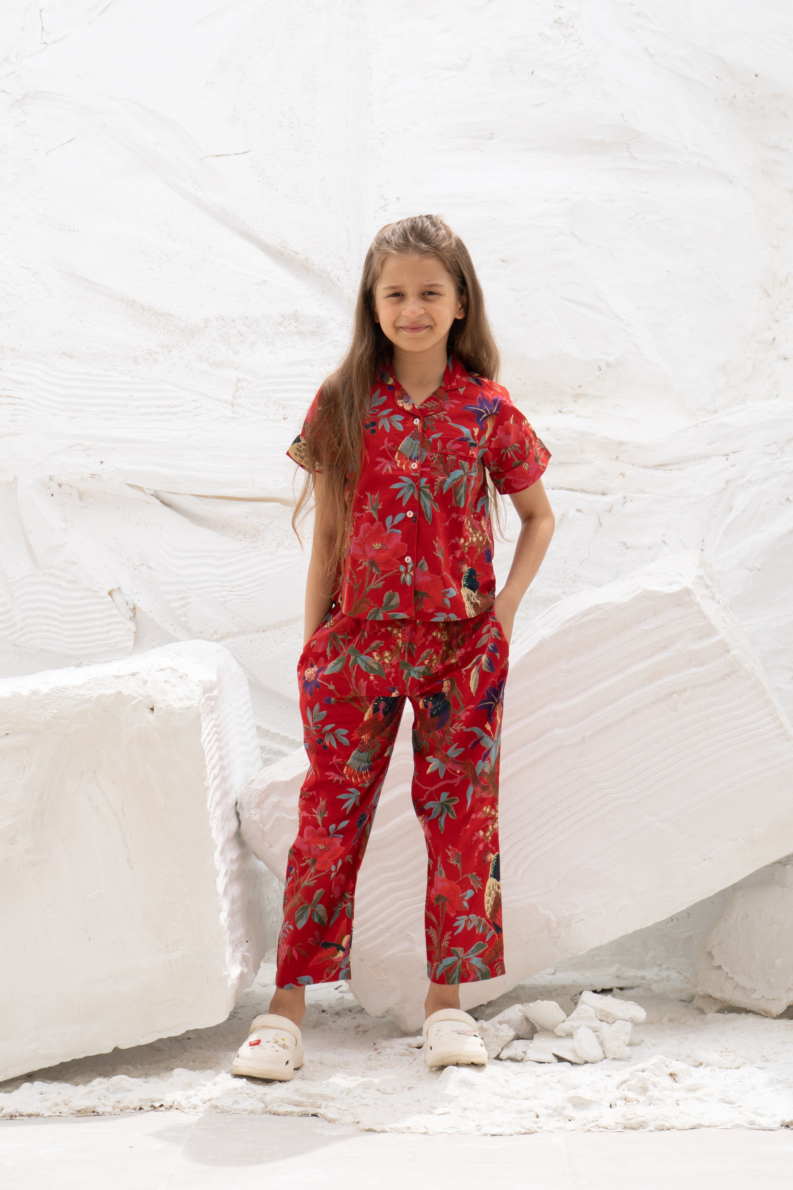 Red Floral Printed Cotton Night Suit for Kids - SanskrutiHomes 