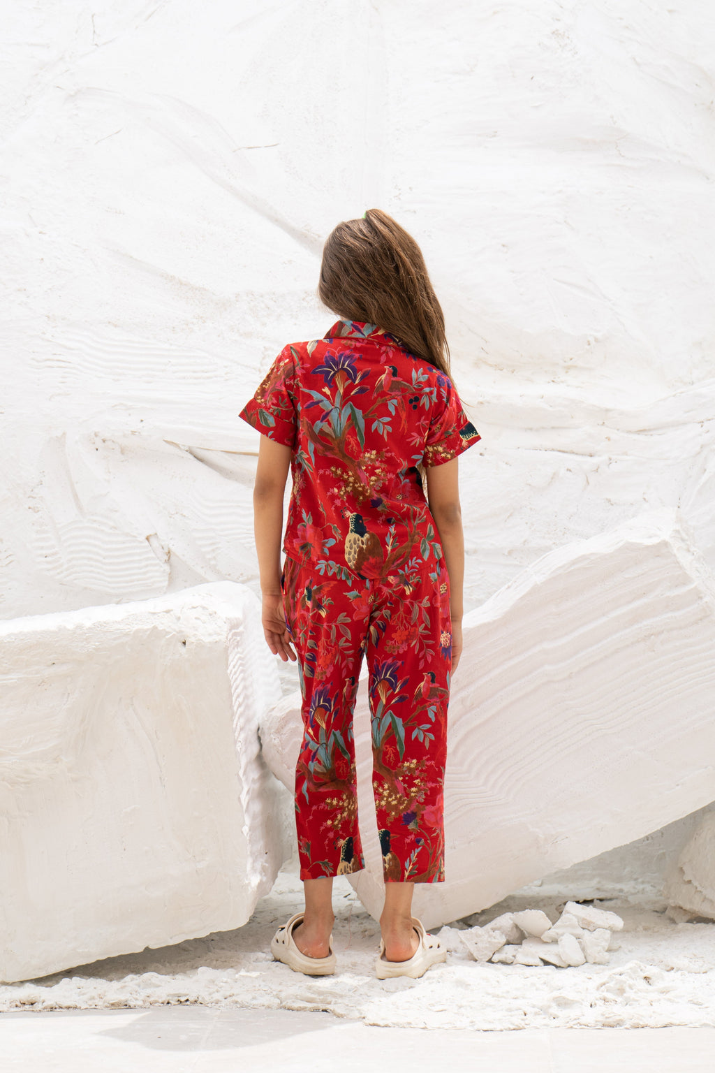 Red Floral Printed Cotton Night Suit for Kids - SanskrutiHomes 