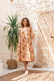 Orange Floral Printed Cotton Dress - SanskrutiHomes 