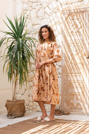 Orange Floral Printed Cotton Dress - SanskrutiHomes 