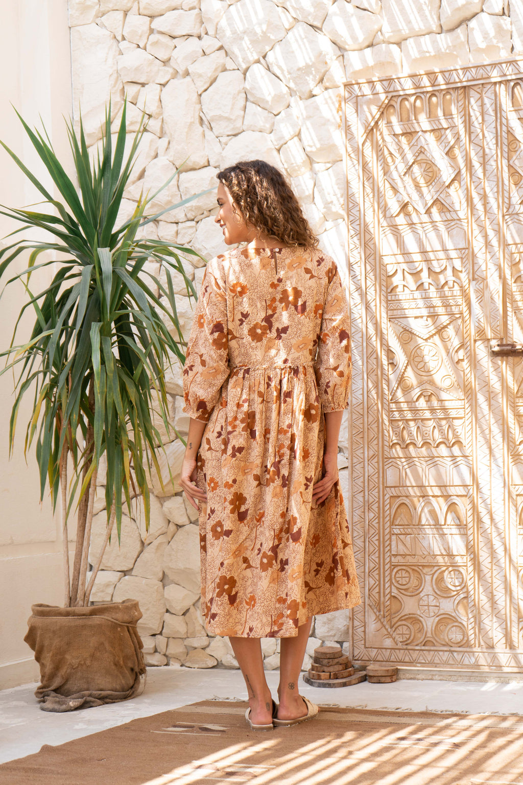 Orange Floral Printed Cotton Dress - SanskrutiHomes 