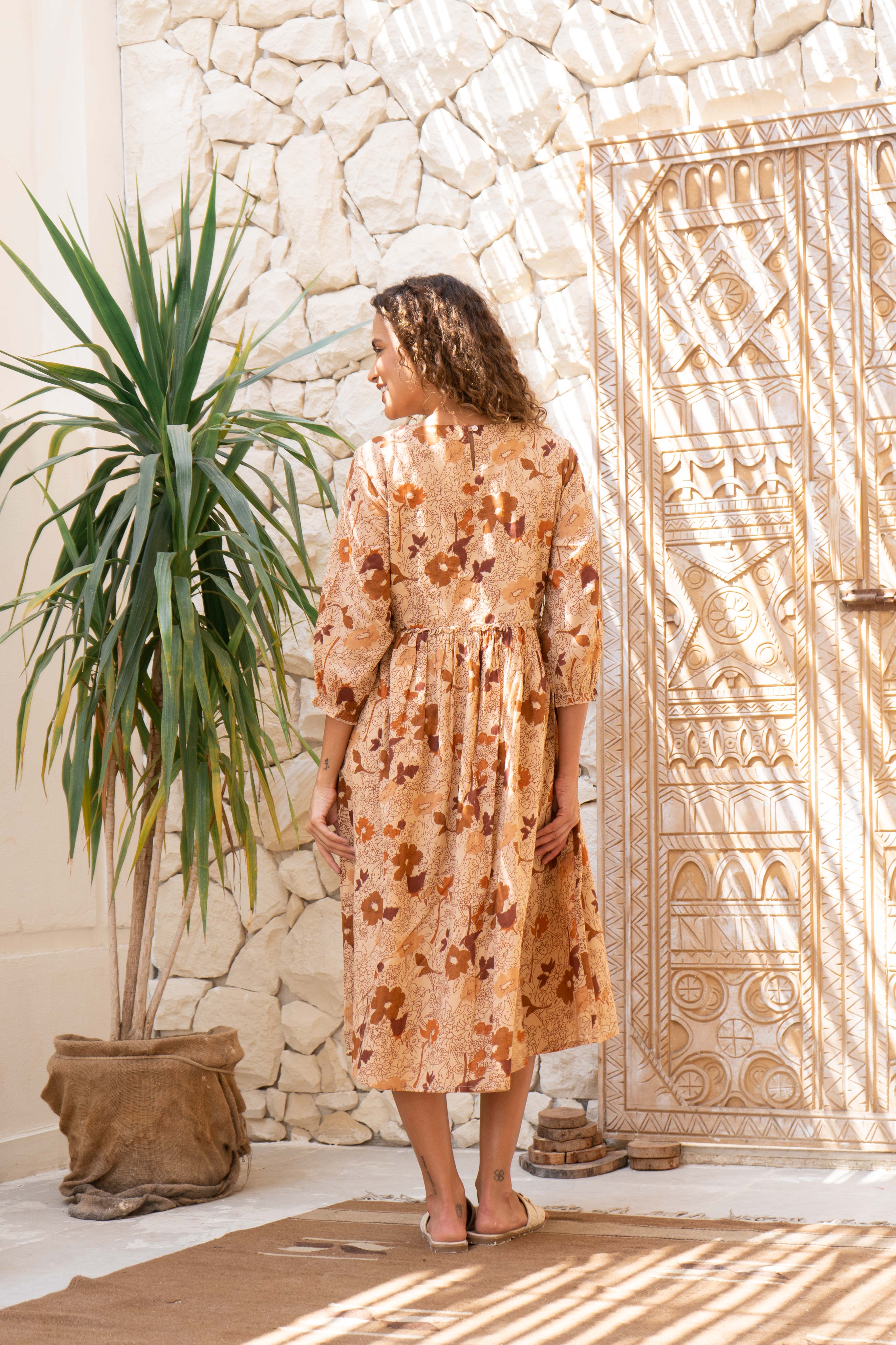 Orange Floral Printed Cotton Dress - SanskrutiHomes 