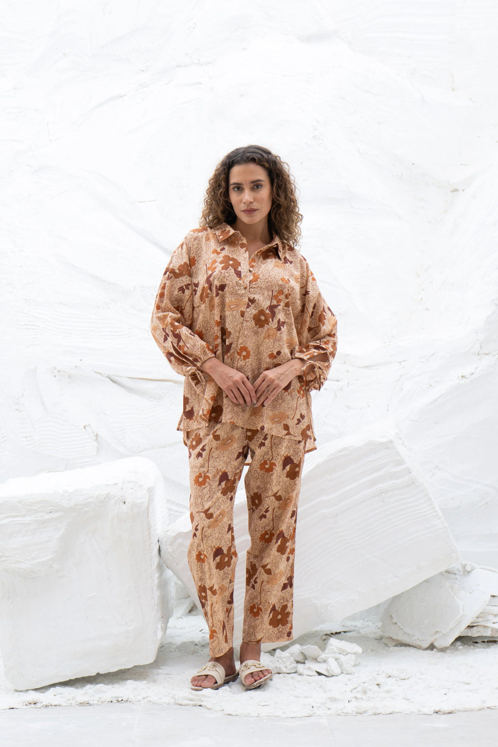 Brown Flower Printed Cotton Co-ords Set - SanskrutiHomes 