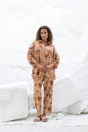 Brown Flower Printed Cotton Co-ords Set - SanskrutiHomes 