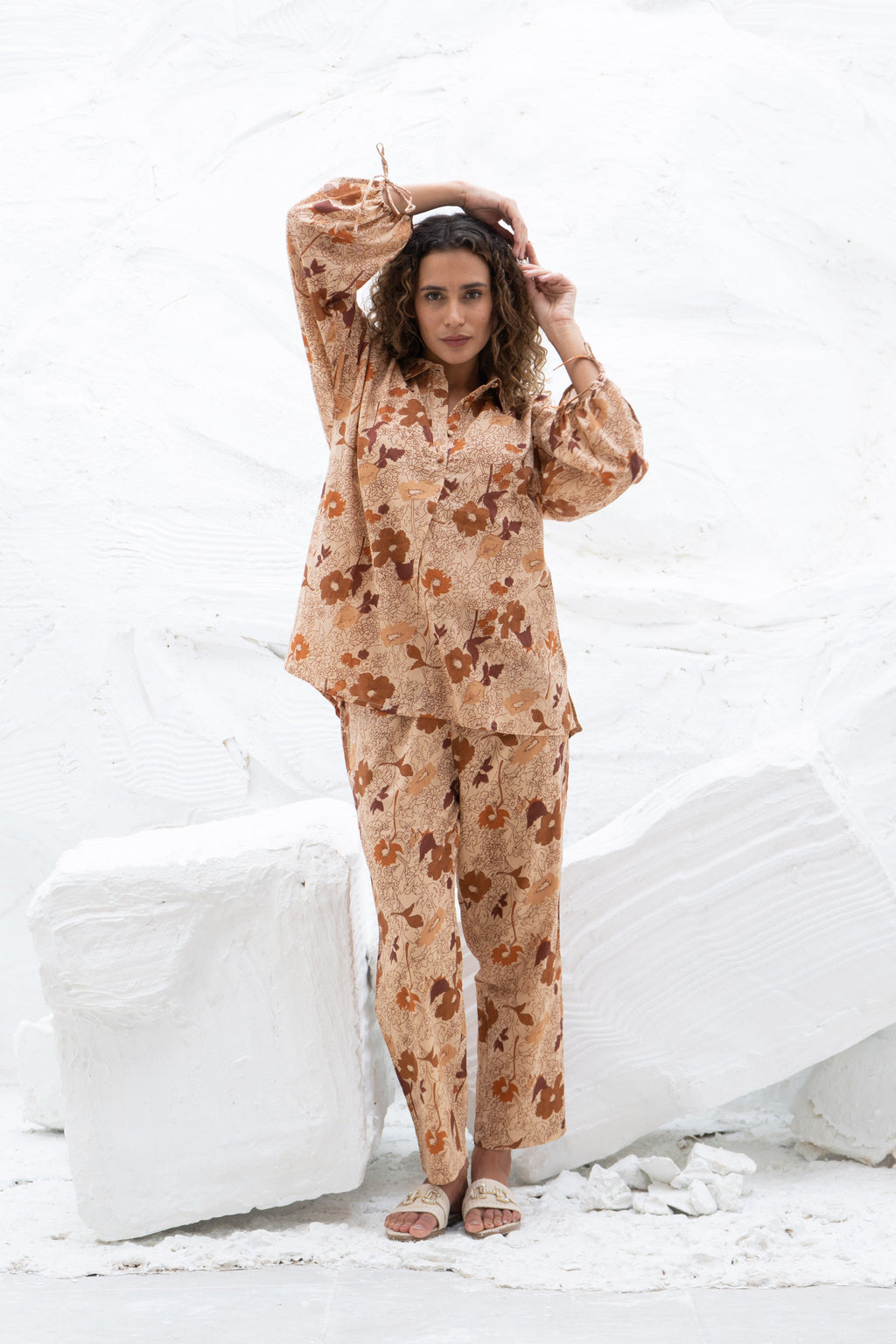 Brown Flower Printed Cotton Co-ords Set - SanskrutiHomes 