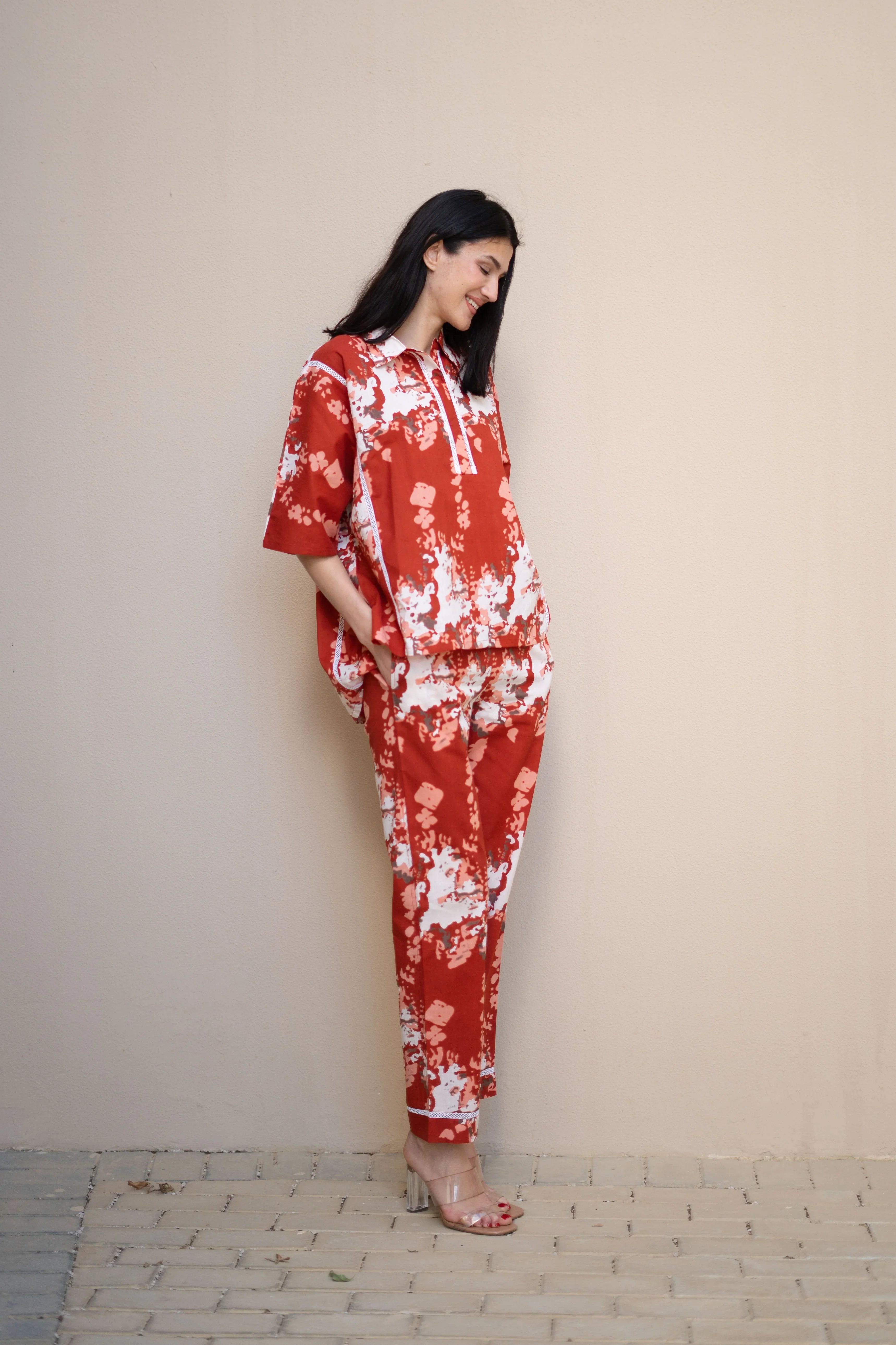Red Color Floral Printed Cotton Night Suit - SanskrutiHomes 