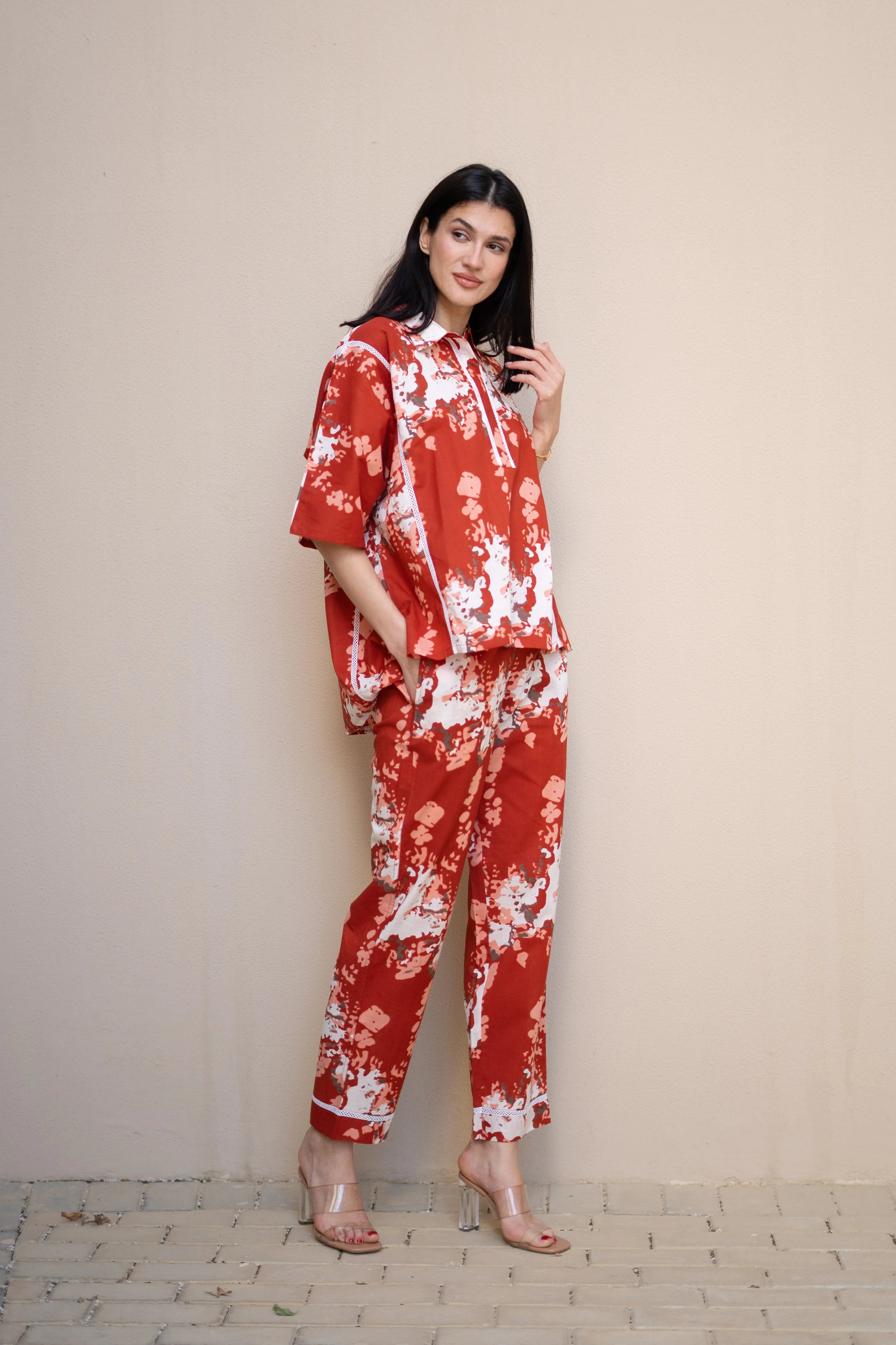 Red Color Floral Printed Cotton Night Suit - SanskrutiHomes 