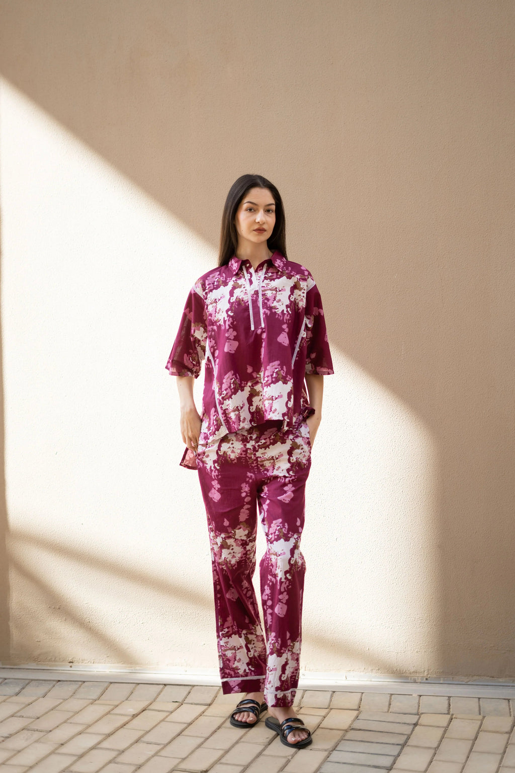 Pink Floral Printed Cotton Night Suit for Women - SanskrutiHomes 