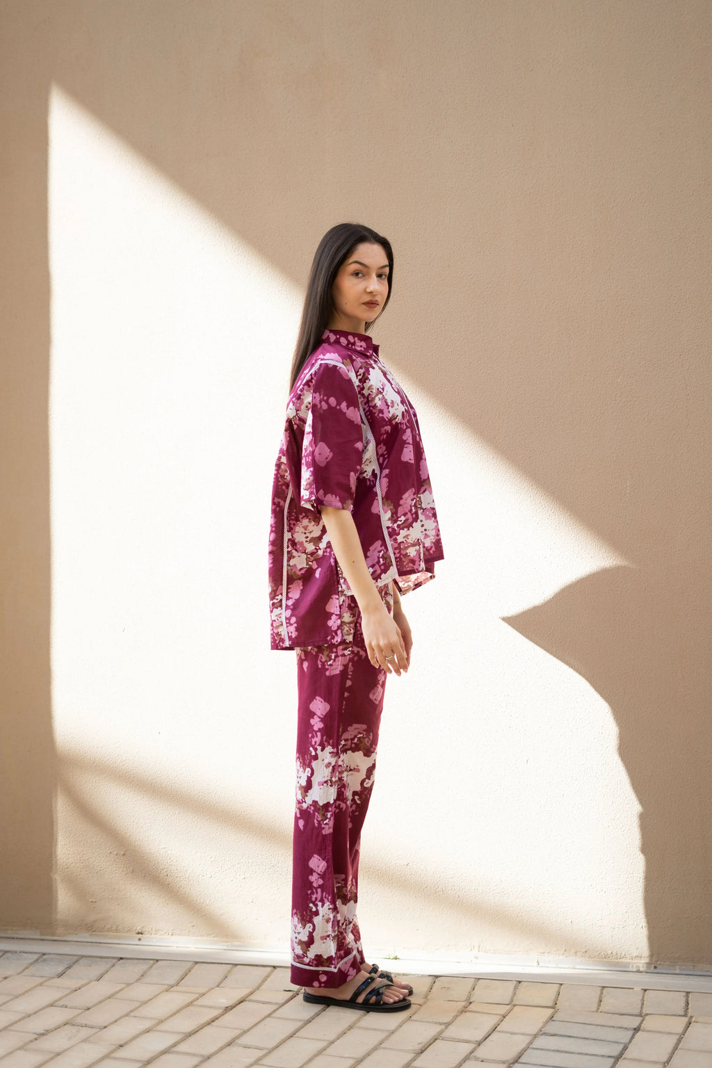 Pink Floral Printed Cotton Night Suit for Women - SanskrutiHomes 