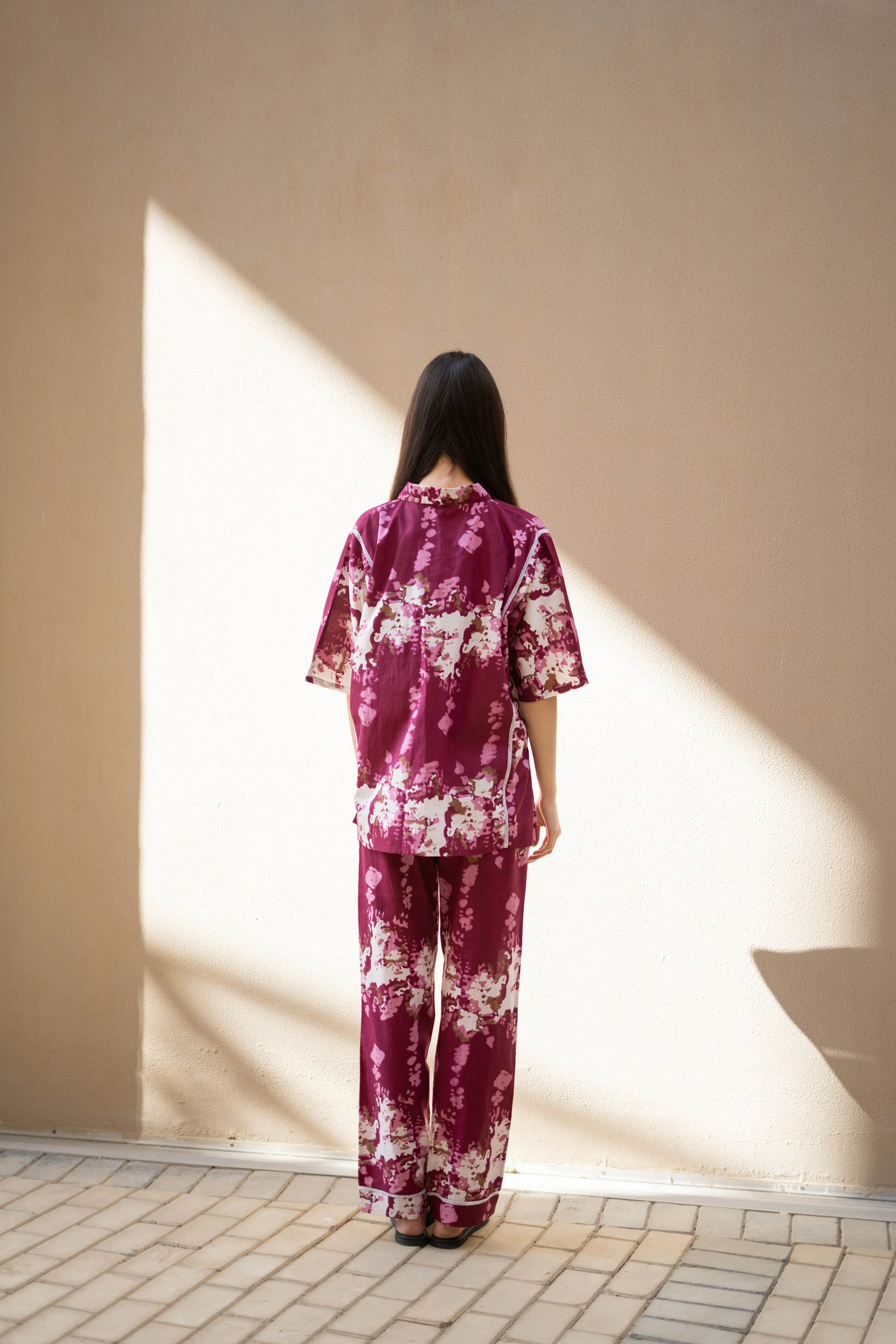 Pink Floral Printed Cotton Night Suit for Women - SanskrutiHomes 