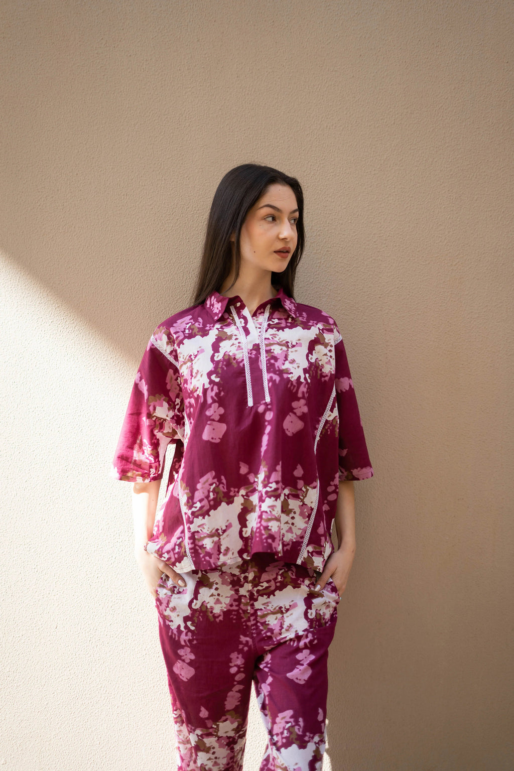 Pink Floral Printed Cotton Night Suit for Women - SanskrutiHomes 