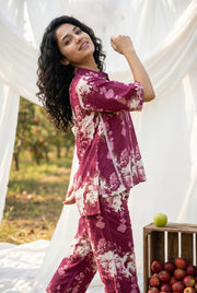 Pink Shirt Collar Floral Print Cotton Night Suit For Women