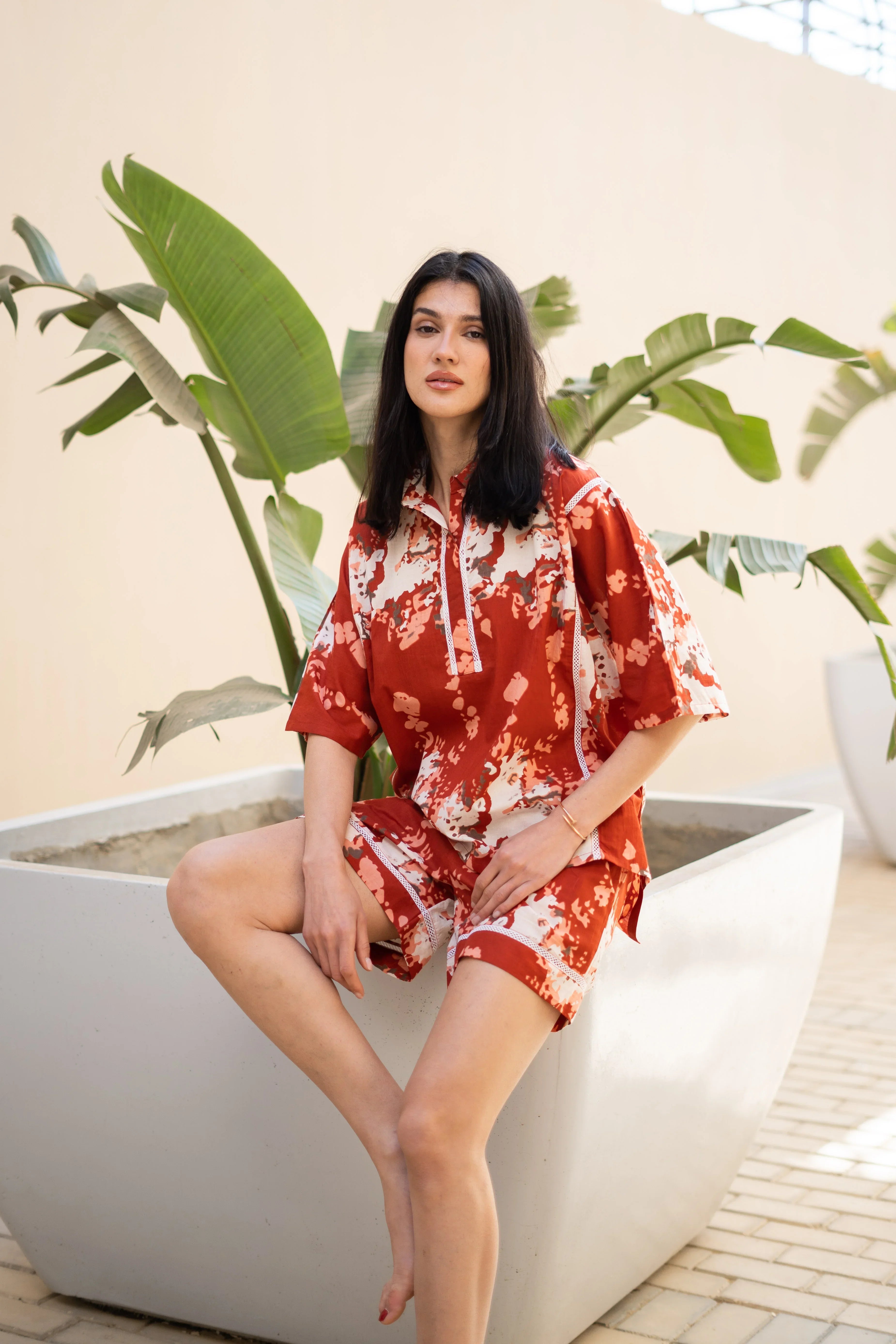 Rust Color Floral Printed Night Suit for Women - SanskrutiHomes 