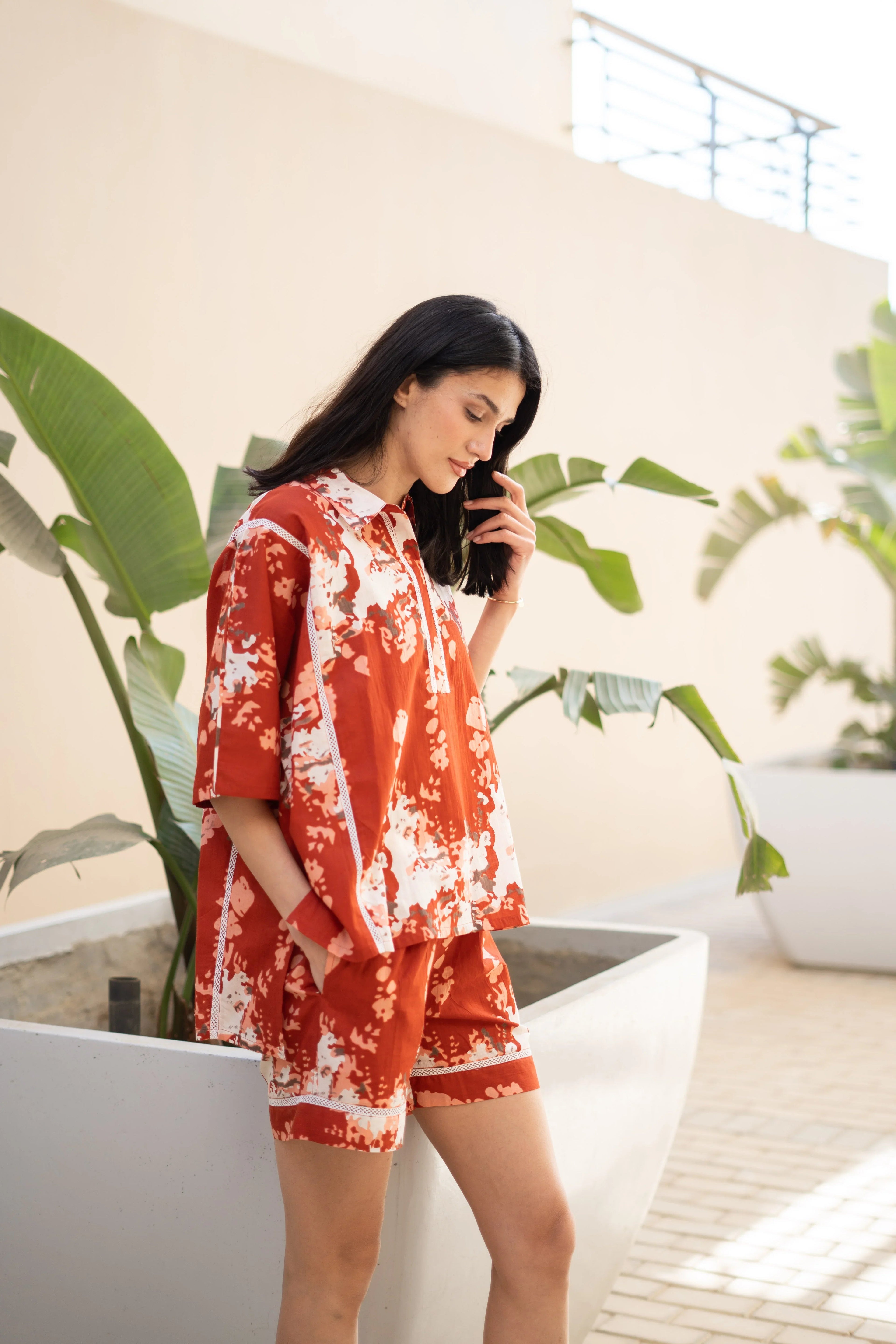 Rust Color Floral Printed Night Suit for Women - SanskrutiHomes 