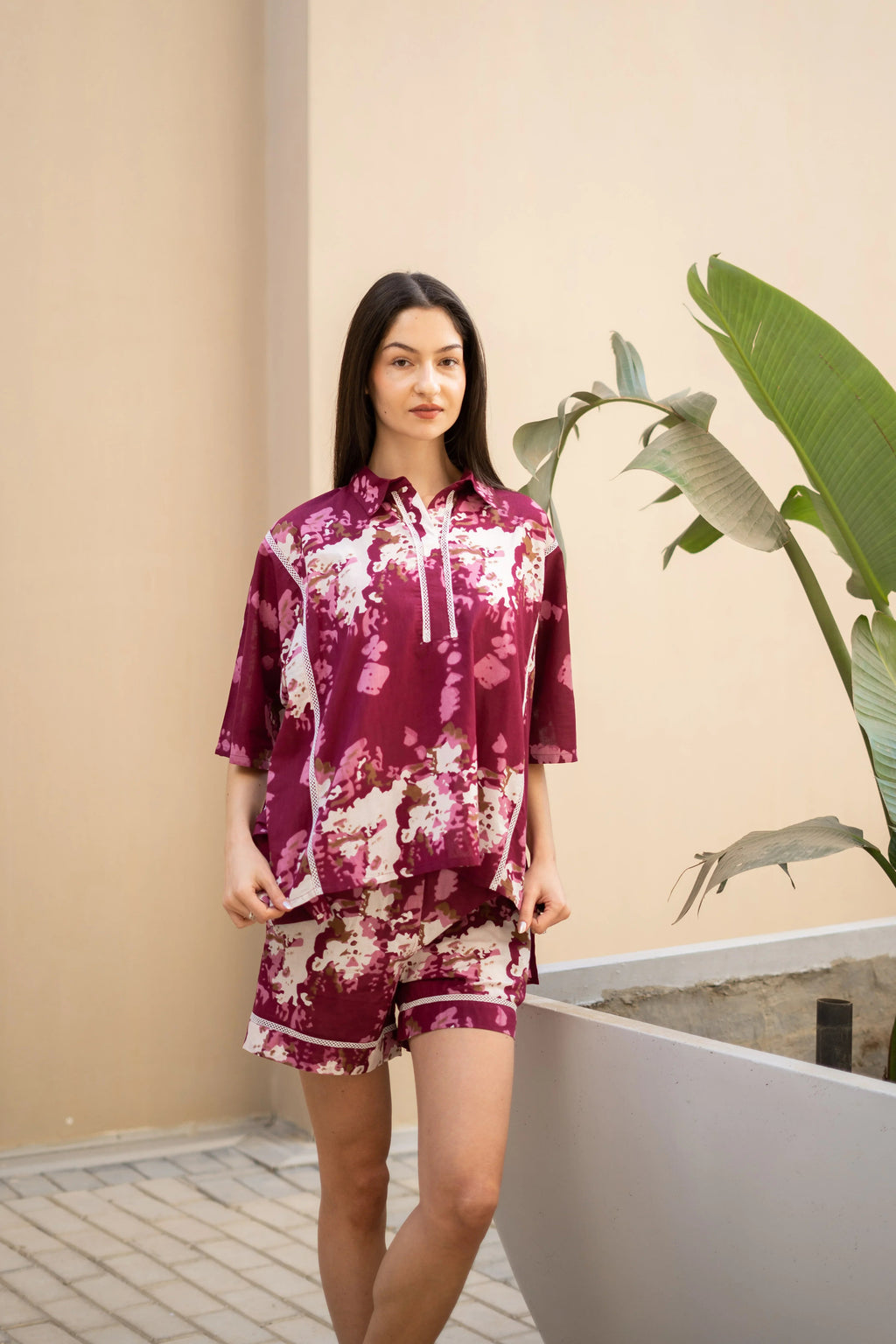 Pink Floral Printed Cotton Night Suit for Women - SanskrutiHomes 