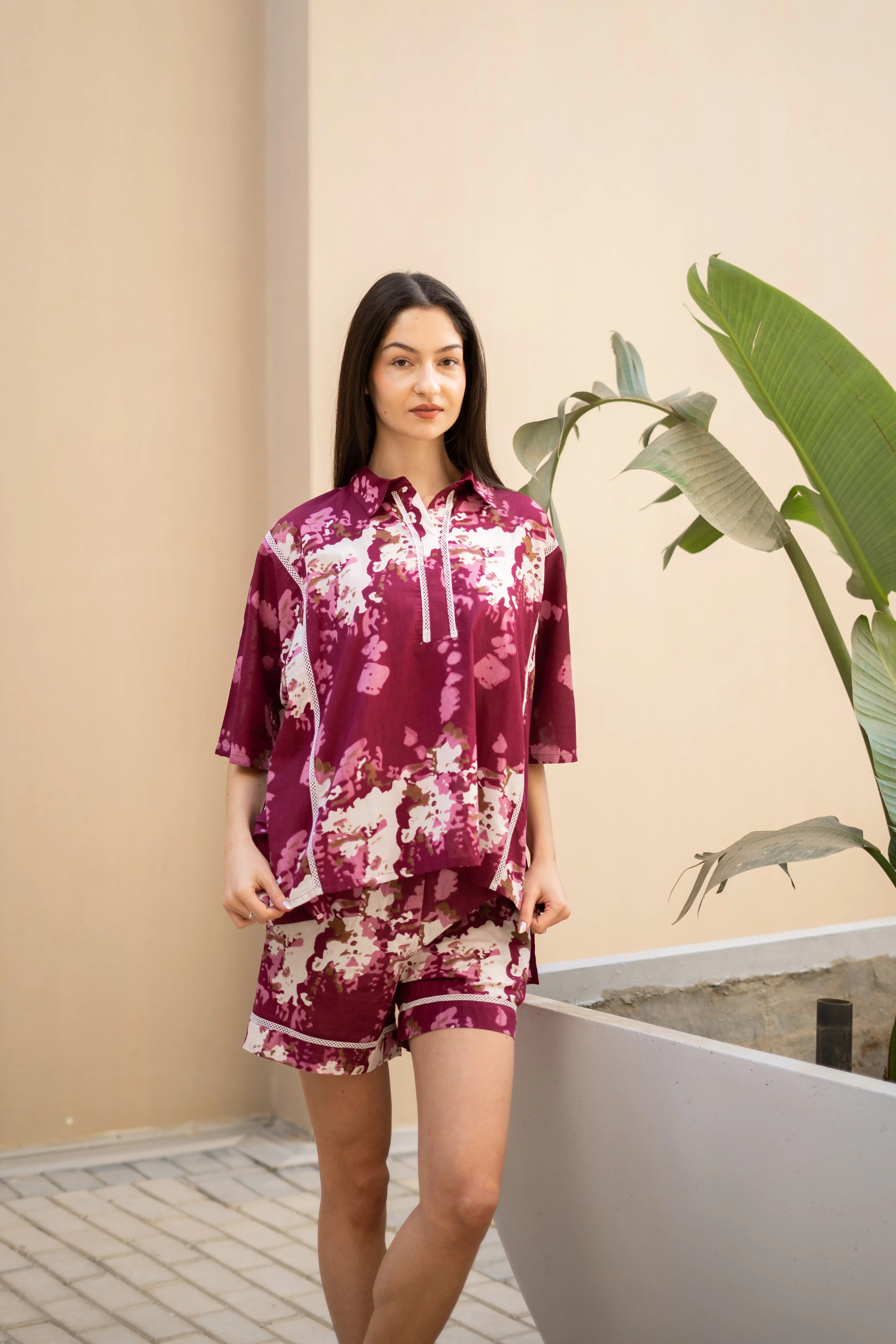 Pink Floral Printed Cotton Night Suit for Women - SanskrutiHomes 