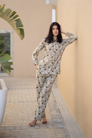 Brown Floral Printed Shirt Collar Night Suit