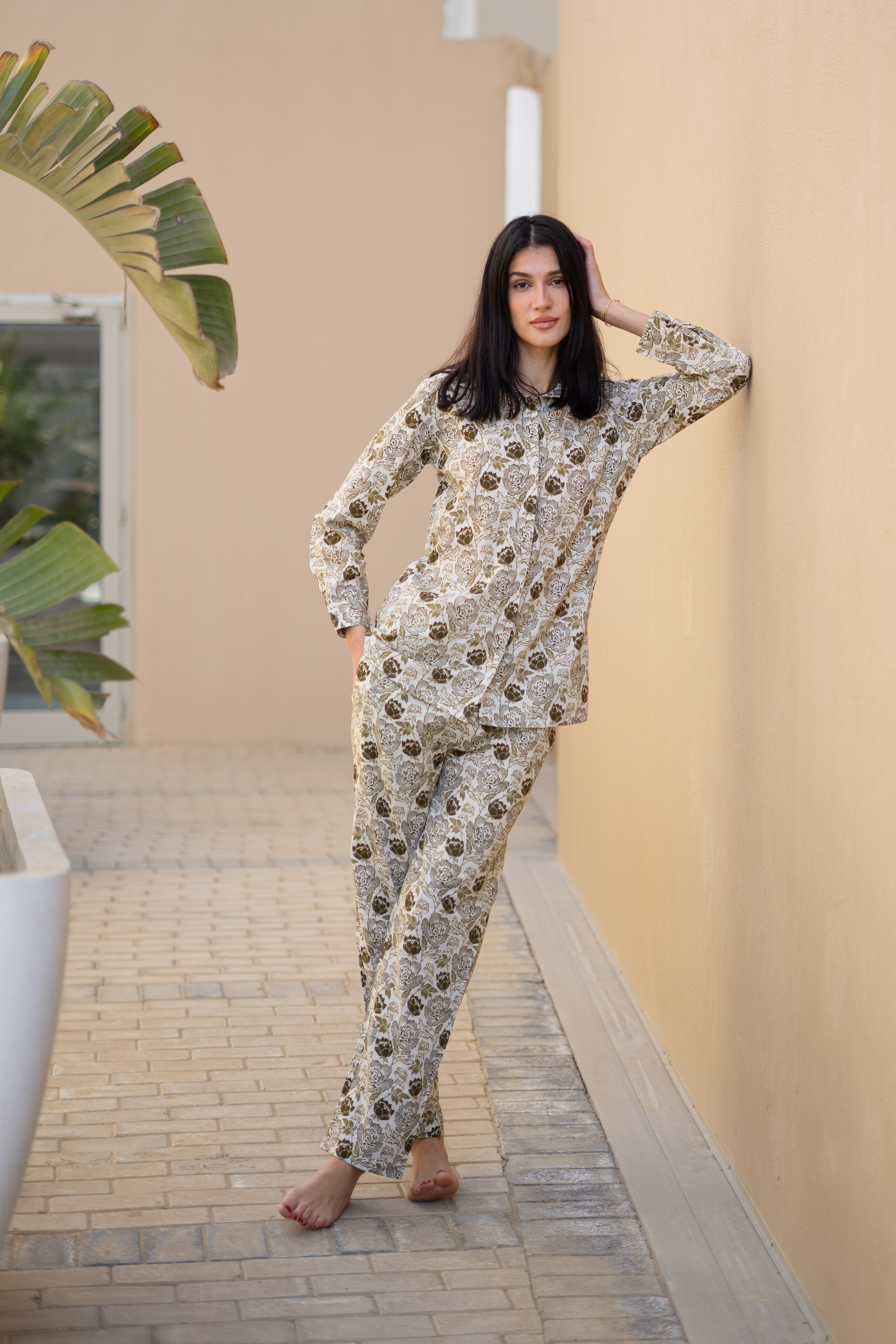 Brown Floral Printed Shirt Collar Night Suit