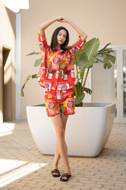Women Abstract Printed Red Night Suit Set - SanskrutiHomes 