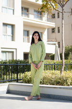 Green Pure Cotton Solid V-Neck night suit for women - SanskrutiHomes 