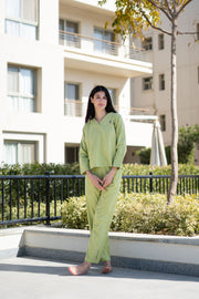 Green Pure Cotton Solid V-Neck night suit for women - SanskrutiHomes 