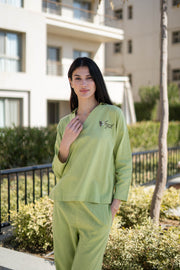 Green Pure Cotton Solid V-Neck night suit for women - SanskrutiHomes 